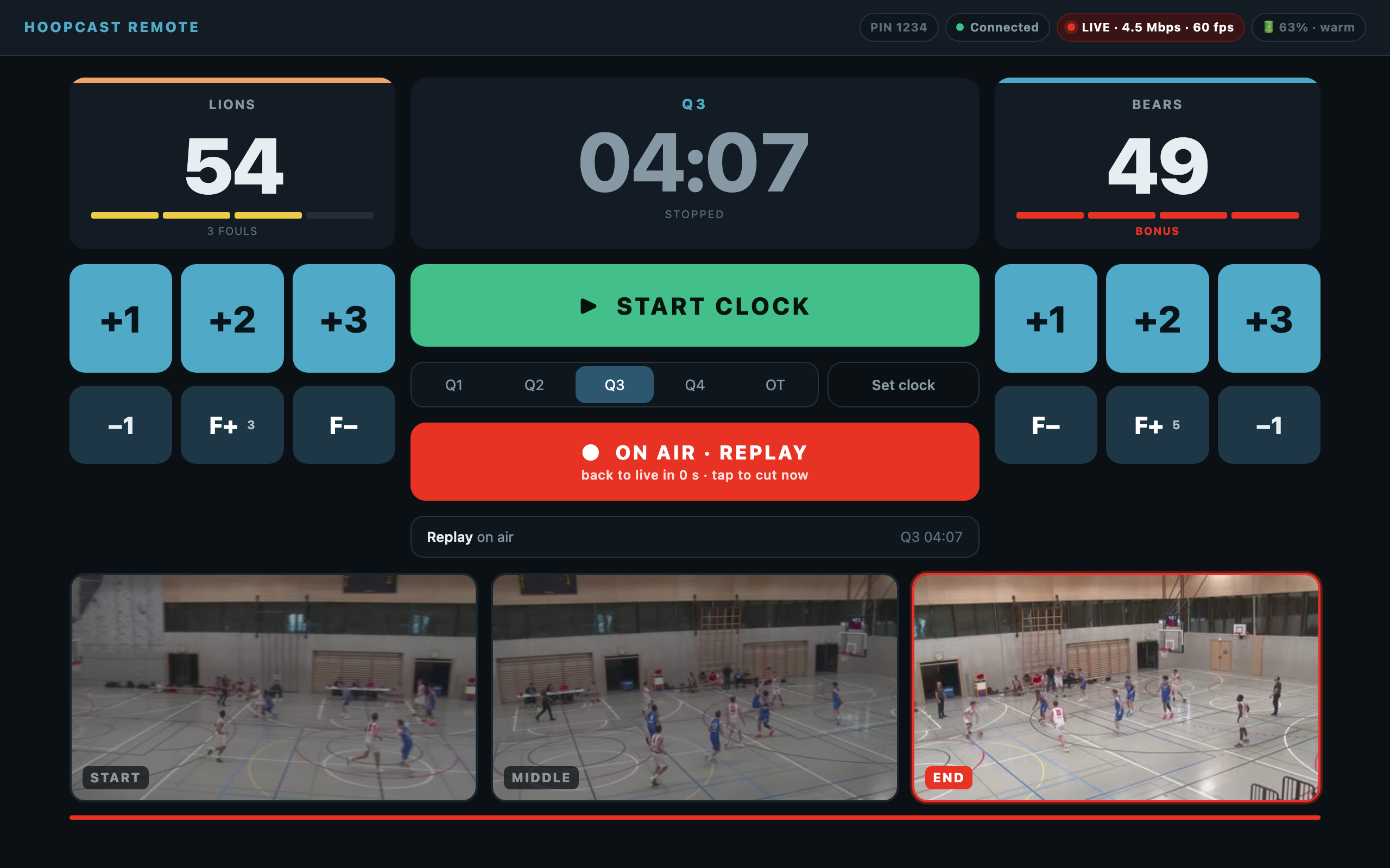 The remote desk during a replay: ON AIR, countdown, and the clip's start, middle and end frames