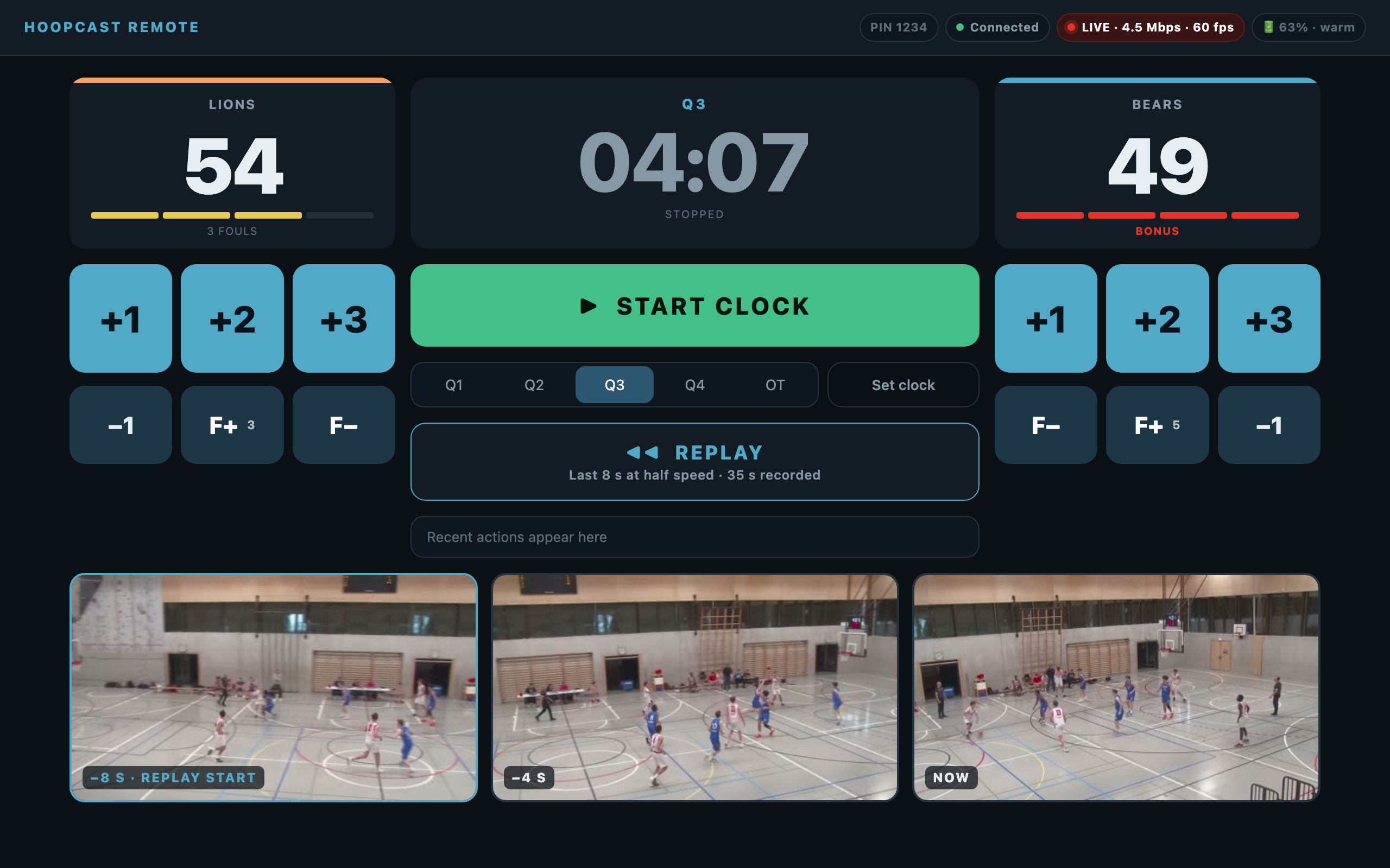 The remote desk in a laptop browser: score, clock, fouls and the replay window