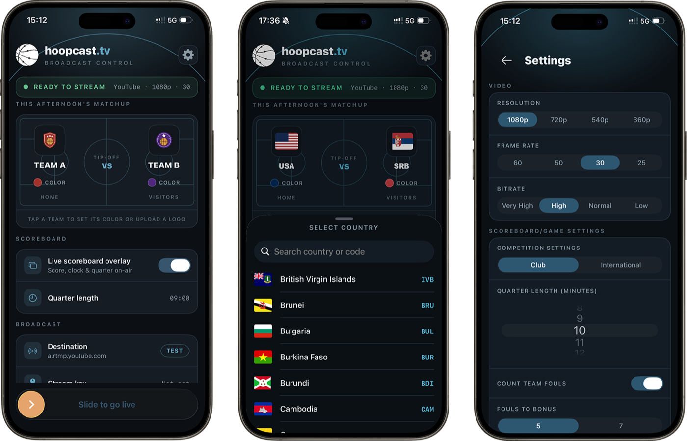 The home console, the country picker in international mode, and the settings screen